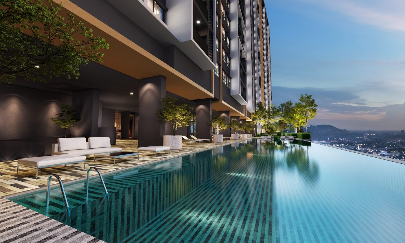 The Evia Pool on the Level 9 facilities deck at dusk