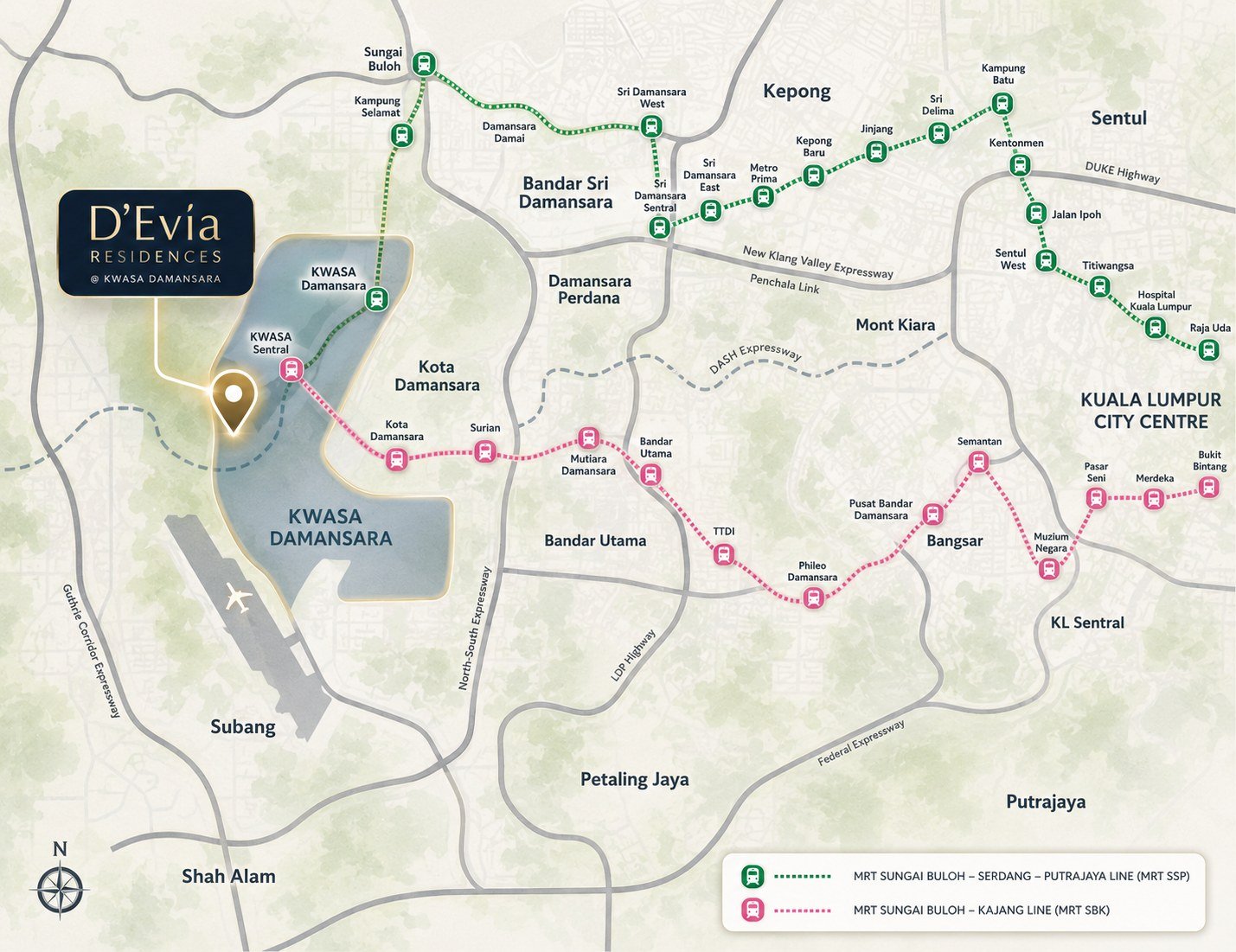 D'Evia Residences location map showing MRT Kajang and Putrajaya lines from Kwasa Damansara to KL city centre