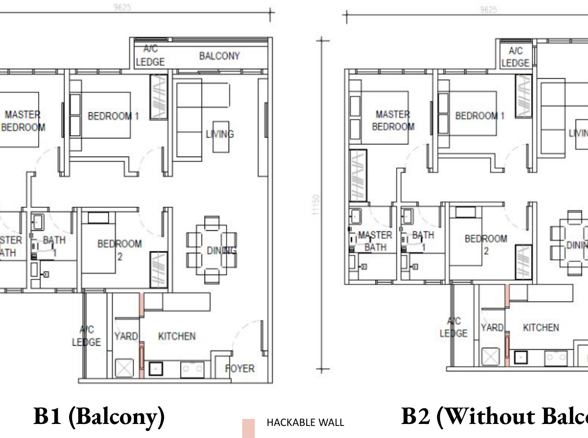 Type B floor plan, 958 sq ft, 3 bedrooms 2 bathrooms