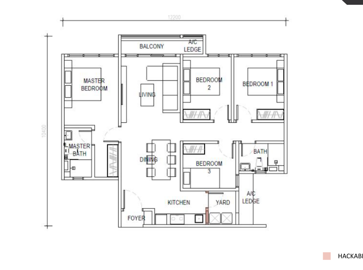 Type C floor plan, 1109 sq ft, 4 bedrooms 2 bathrooms