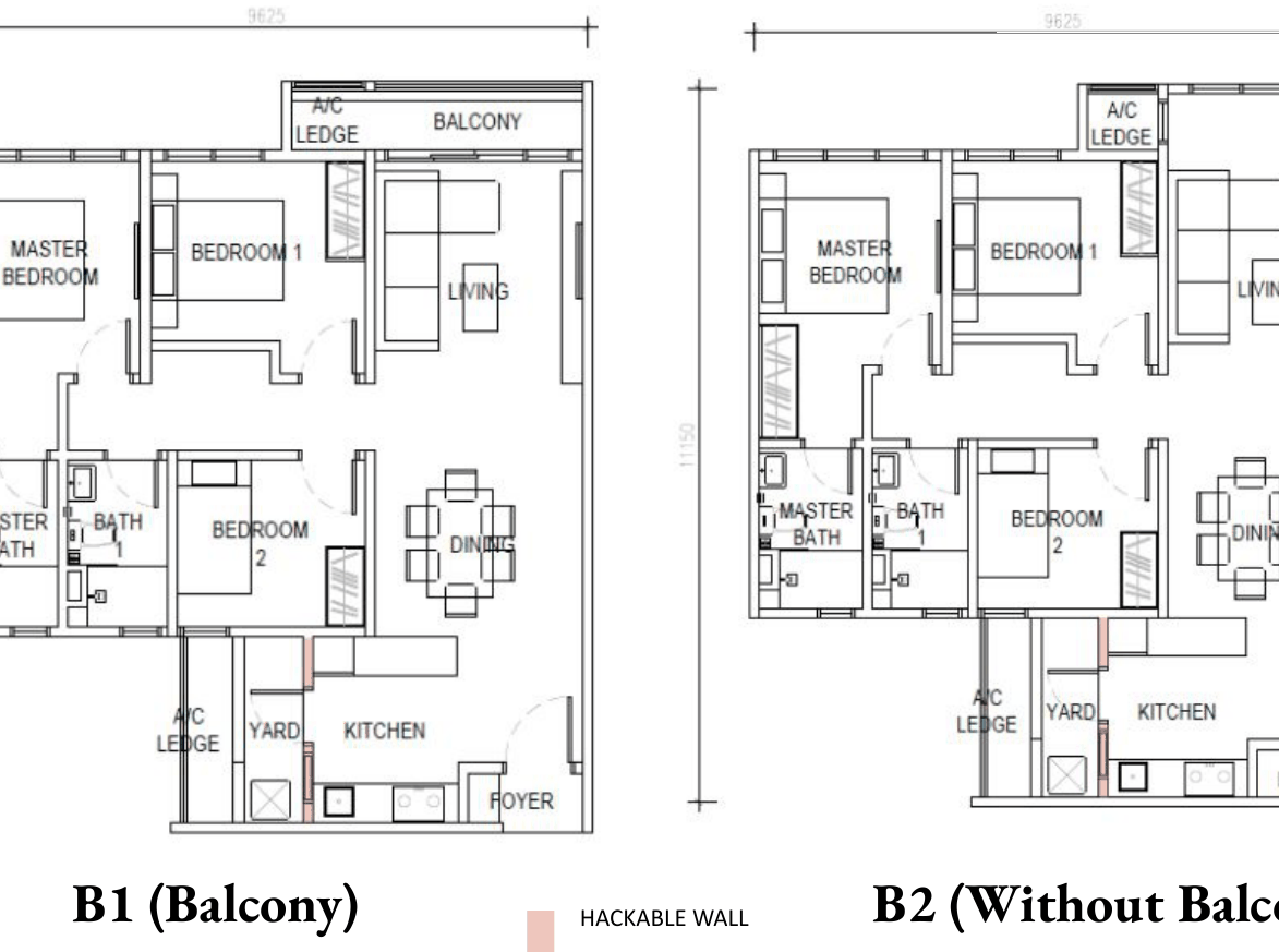 Type B floor plan, 958 sq ft, 3 bedrooms 2 bathrooms
