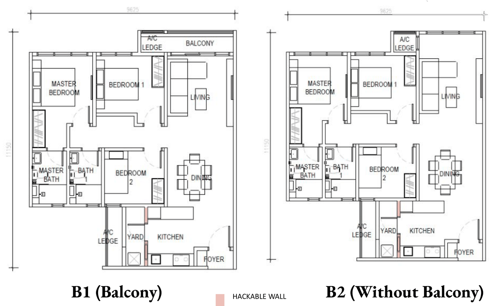 D’Evia Type B1 and B2 floor plans, 958 sq ft, 3 bedrooms