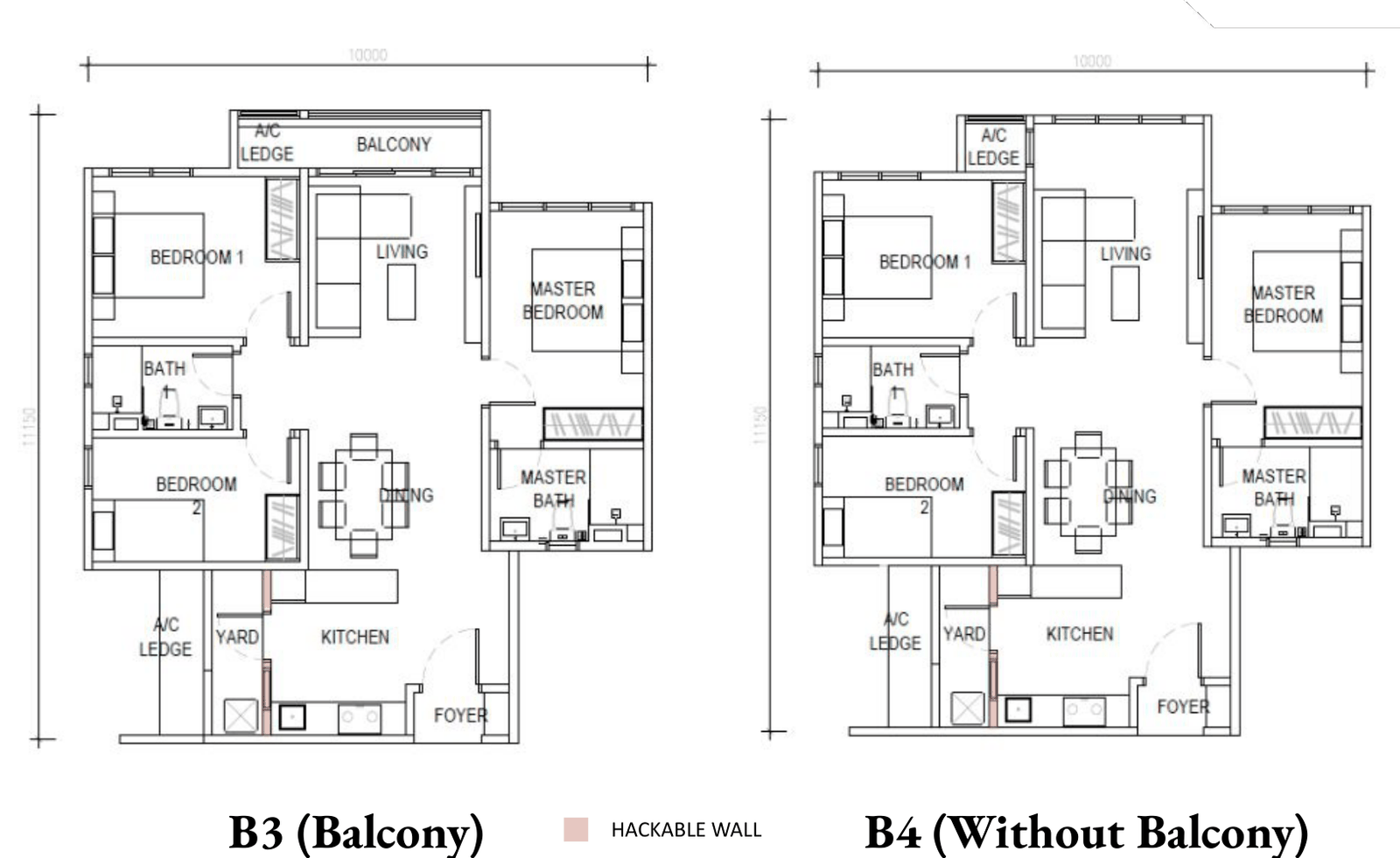 D’Evia Type B3 and B4 floor plans, 958 sq ft, 3 bedrooms