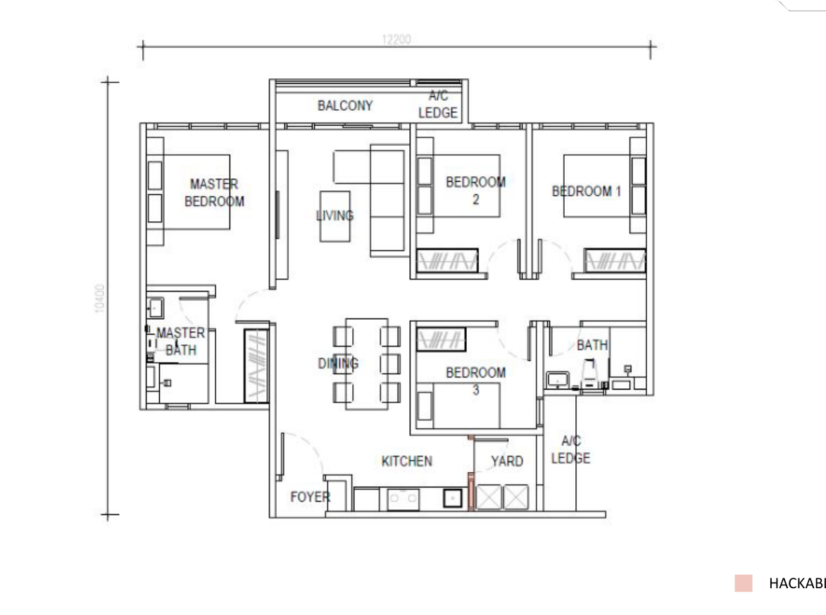 Type C floor plan, 1109 sq ft, 4 bedrooms 2 bathrooms