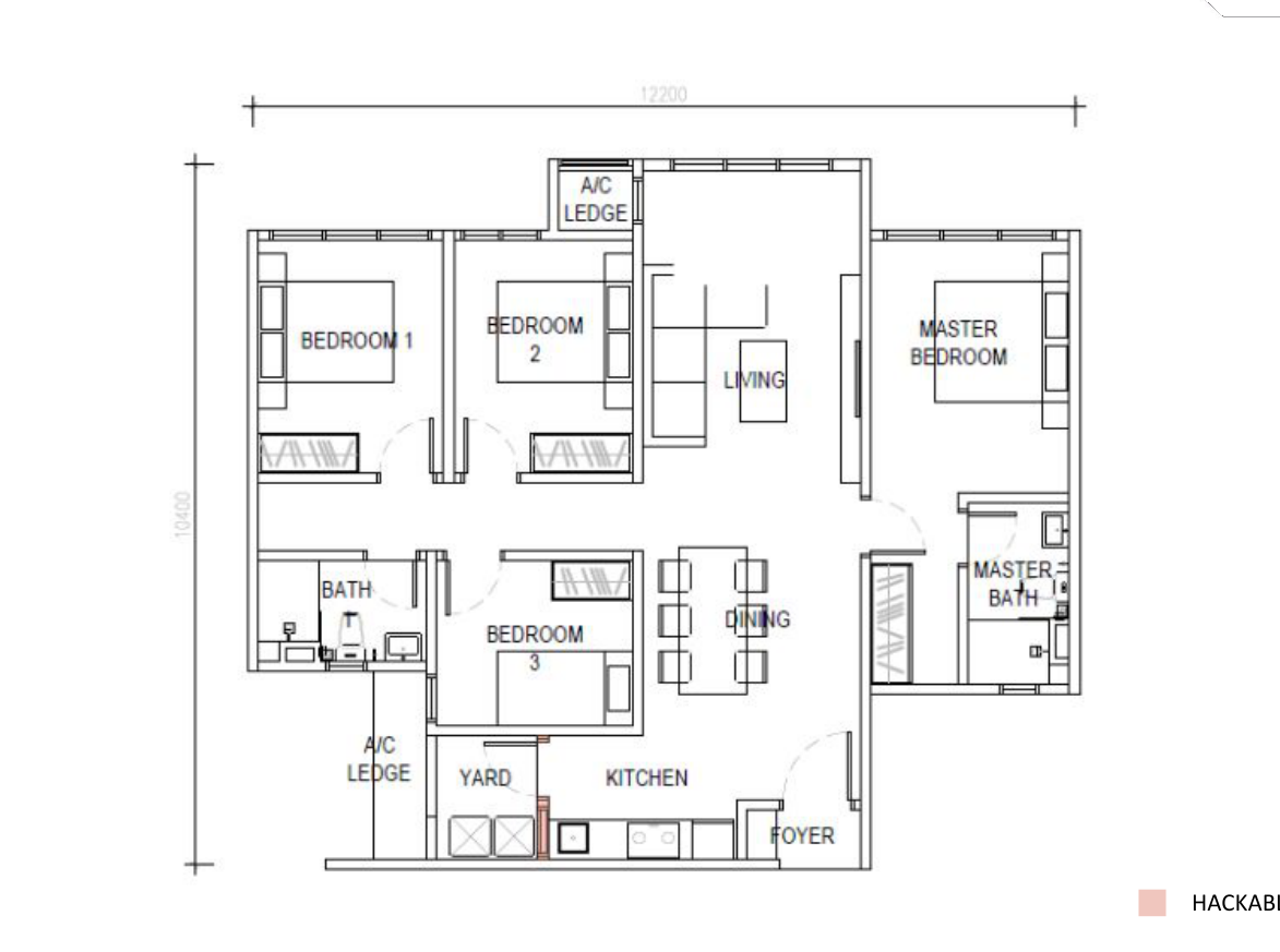 D’Evia Type C2 floor plan, 1,109 sq ft, 4 bedrooms without balcony